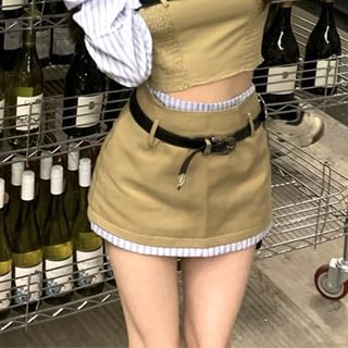 Mock Two-Piece Long-Sleeve Off-Shoulder Striped Panel Smocked Crop Blouse / High Waist Mini A-Line Skirt / Belt / Set