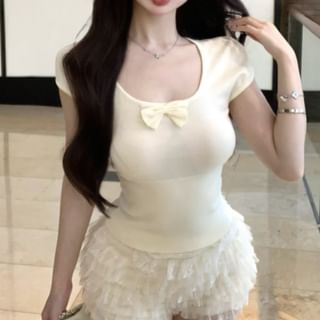 Tiered / Waist Bow Short Plain Tee Sleeve Neck Shorts Lace Scoop High