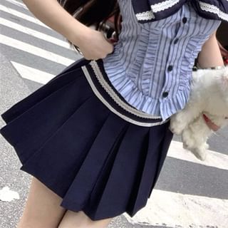 Collar Striped / Rise Mini Skirt Bow A-Line Sleeveless Blouse Pleated High