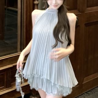 Accordion-Pleated Lace Tank & Flowy Mini A-Line Skirt Set