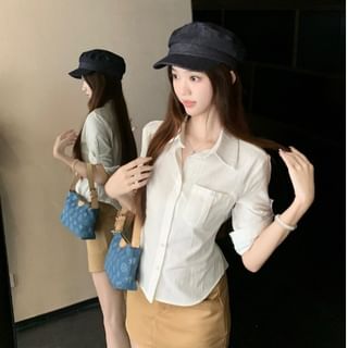 Plain Tie-Waist Buttoned Collared 3/4-Sleeved Blouse