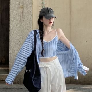 Striped Crop Cami Top / Long-Sleeved Collared Shirt / Plain High-Rise Baggy Pants / Set