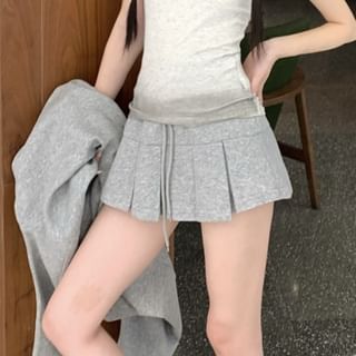 V-Neck Oversized Hoodie, High-Waist Mini Pleated Skirt & Scoop Neck Tank