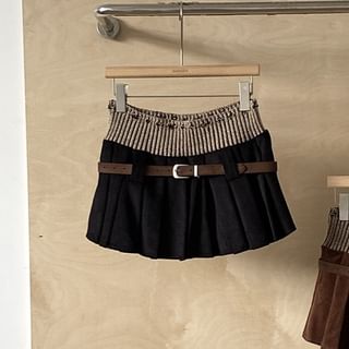 High-Waist Pleated Panel Knit Mini A-Line Skirt
