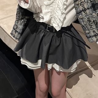 Plaid Tweed Jacket / Mini A-Line Skirt / Long-Sleeve Plain Blouse