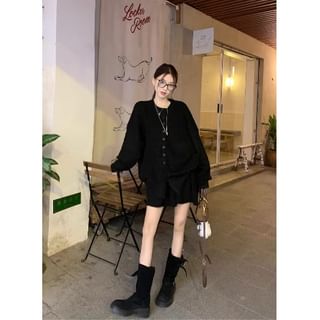 Set: Round Neck Ribbed Cardigan + Elastic Waist Mini A-Line Knit Skirt