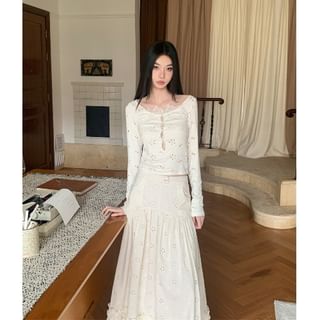 Lace Long Sleeve Top with High-Waist Maxi Skirt