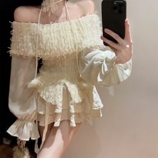 Off Shoulder Lace Top and Tiered Mini Skirt Set