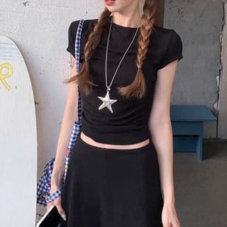 Ruched Crew Neck Tee with High-Waist Flared Pants
