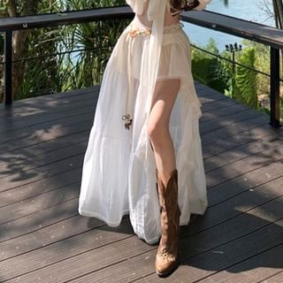 Puff-Sleeve Blouse with V-Neck and Maxi A-Line Skirt