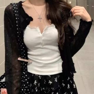 Plain Ruffle Pointelle Knit Cardigan