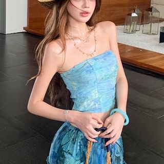 Tie Dye Ruched Crop Tube Top and Frill Trim Maxi Skirt Set