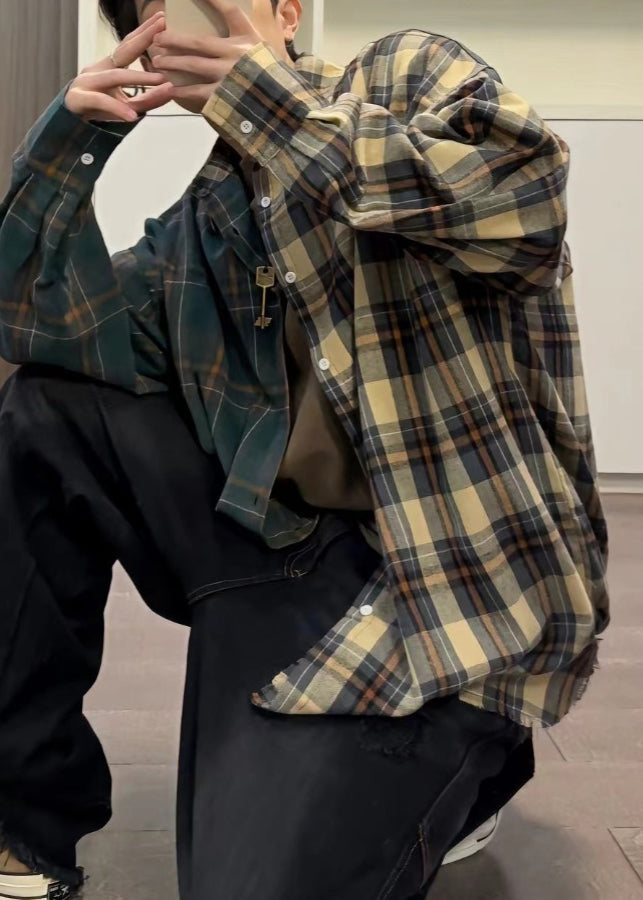 Shirts Mens Button Loose Spring Plaid Cotton Asymmetrical