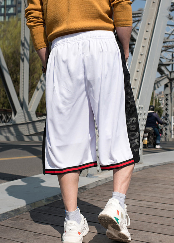 White Loose Elastic Waist Pockets Patchwork Men Summer Basketball Shorts
