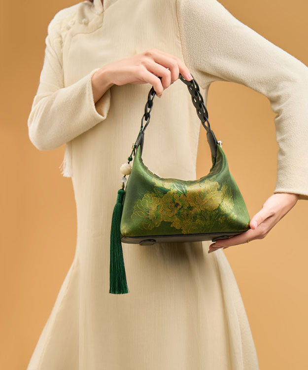 Retro New Green Print Blackish Silk Tassel Bag Tote