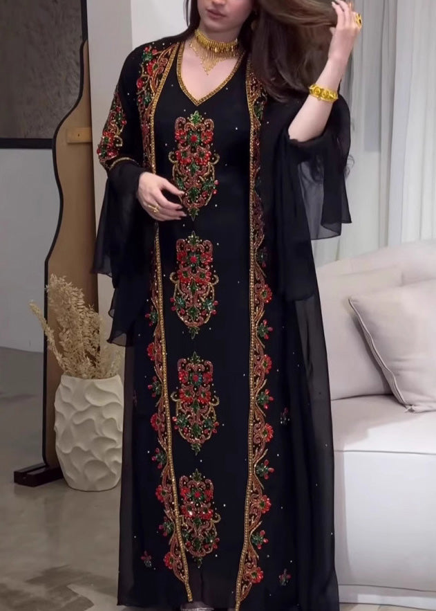 Pieces Robe Style Embroidered Two Set Dress New Summer Black