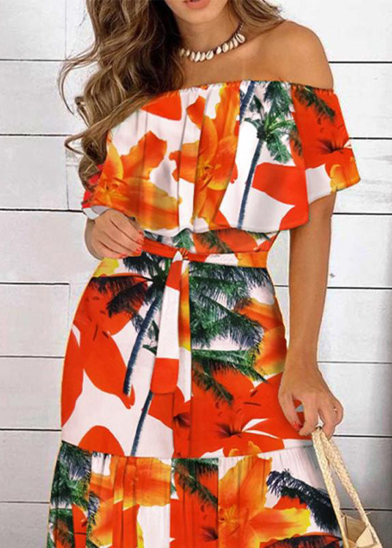 Dresses Patchwork Summer Tunic Slash Neck Red Organic Long