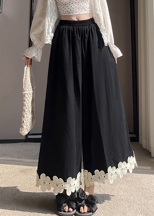 Floral Wide Leg Black Pants Cotton Original Design Patchwork
