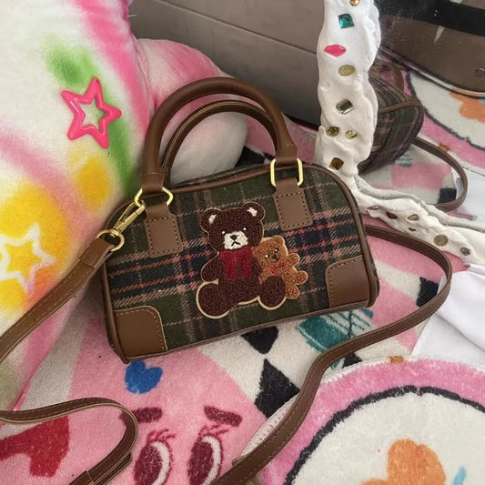 Kawaii Aesthetic Y2K Cute Fairy Plaid Bear Crossbody Bag spreepickyshop