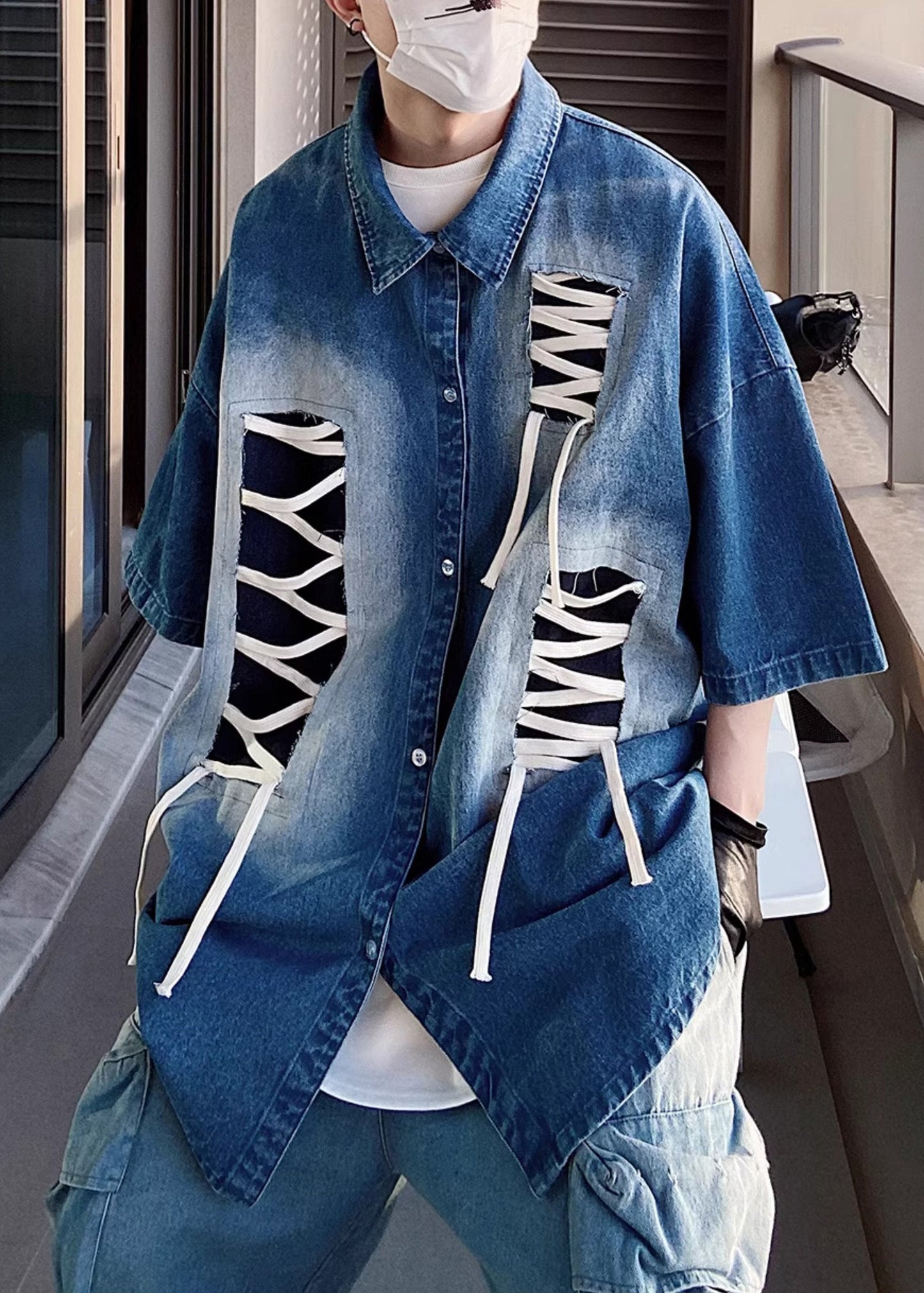 Size Blue Patchwork Shirts Half Sleeve Design Original Plus Men