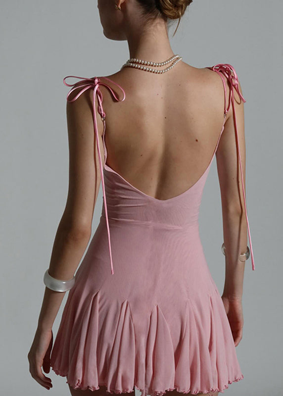 Pink Sleeveless Mid Dress Tulle Strap Sexy Spaghetti Patchwork