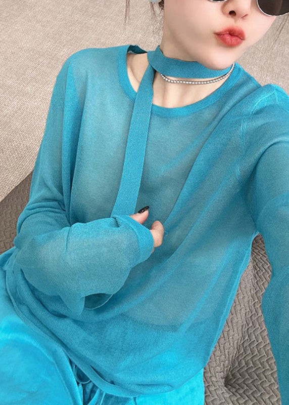 Toop Blue Leg Stylish Wide Two Piece Fall And Knit Set Pants O-Neck