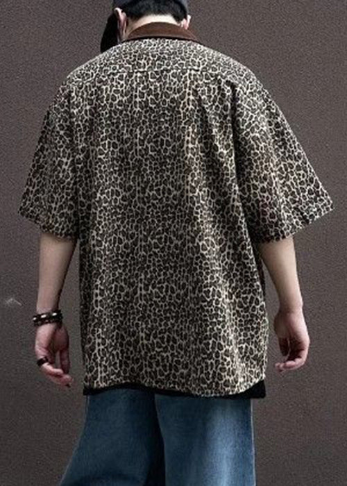 Half Pockets Men Corduroy Sleeve Unique Shirts Patchwork Leopard