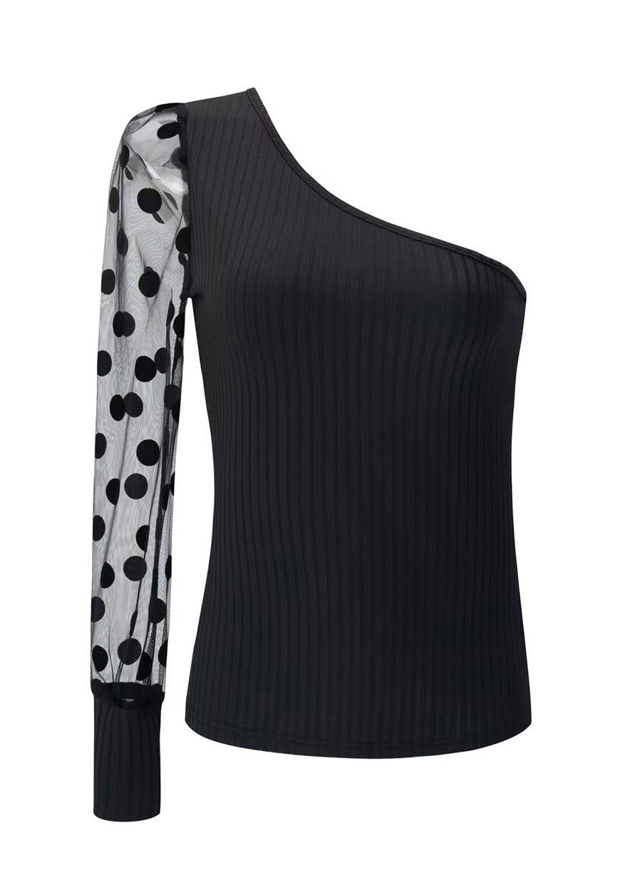 Black 2025 Sleeved Single Patchwork Top Shoulder Women