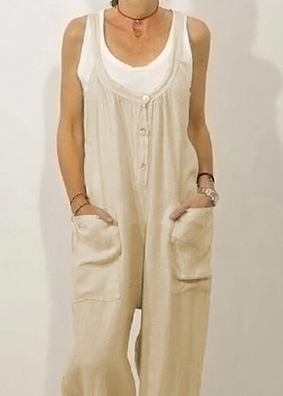 Khaki Solid O-Neck Women Jumpsuits Button Sleeveless