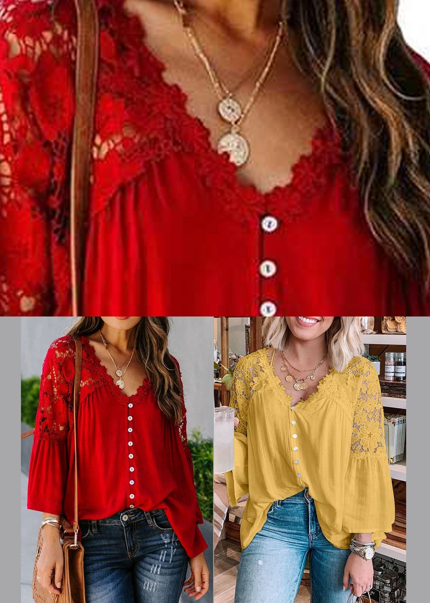 Patchwork Women Fall Red Top Solid Lace