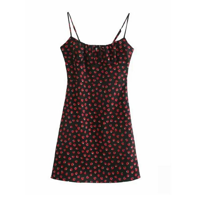 Strap Floral / Spaghetti Sleeveless Rose Dress Slim-Fit Mini Print Midi