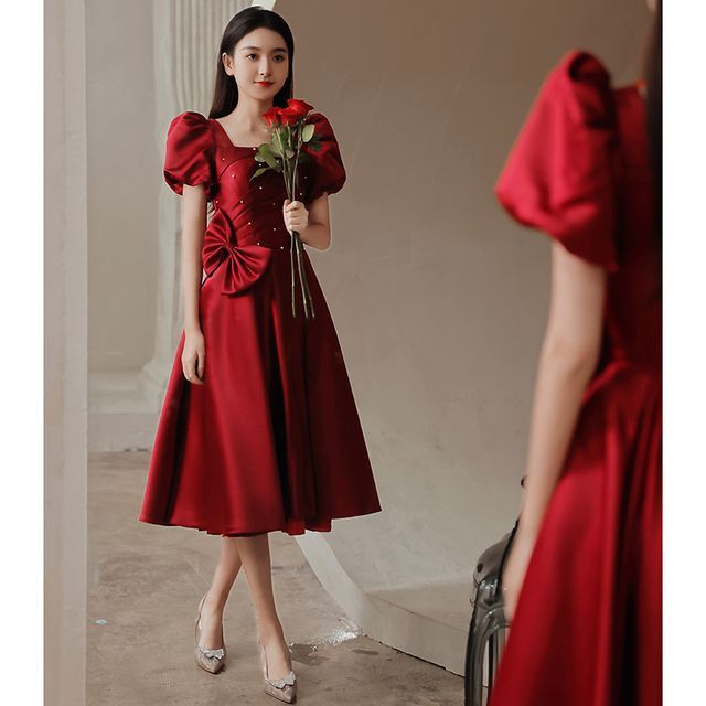 Designs) A-Line (Various Puff-Sleeve Embellished Dress Bow Prom