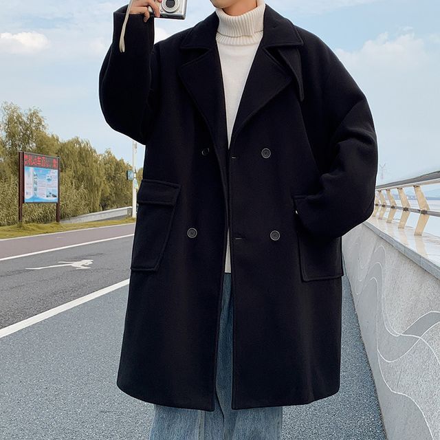 Long-Sleeve Double-Breasted Plain Woolen Coat