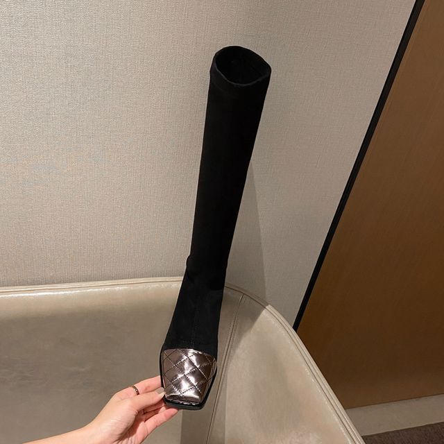 Panel Knee-High Boots Quilted Square-Toe Block Heel