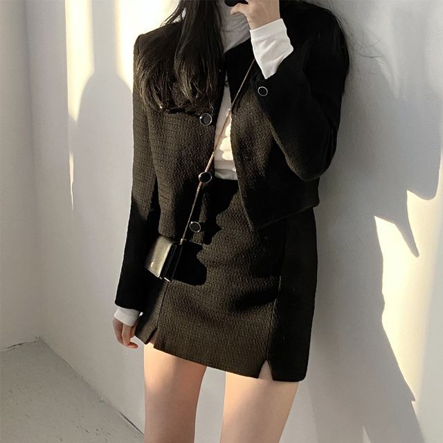Crew Neck Plain Tweed Cropped Button Jacket / High Waist Slit Mini Pencil Skirt