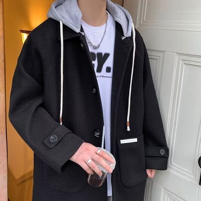 Single Breasted Hooded Woolen Coat