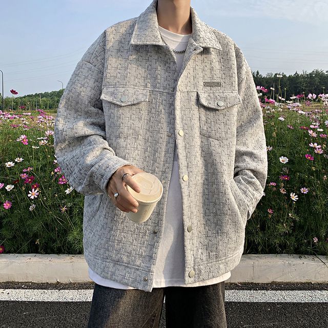 Collared Tweed Loose-Fit Button-Up Jacket