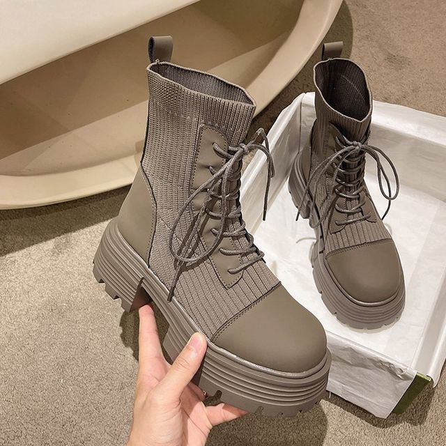 Platform Boots Lace-Up Faux Short Knit Panel Leather