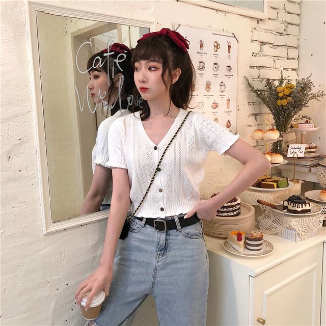 Perforated Knit Top Button-Up V-Neck Short-Sleeve