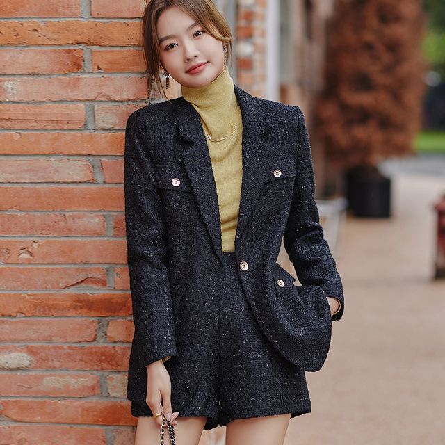 Tweed Single-Breasted Blazer / High Waist Shorts / Set