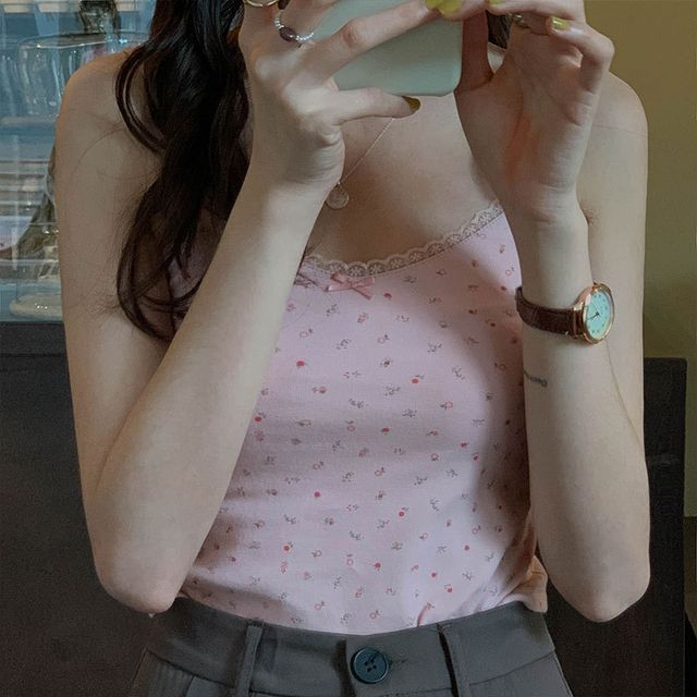 Lace Floral Trim Camisole Crop Print Top