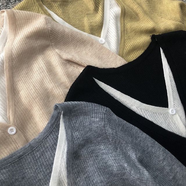 Two Button-Up Two-Piece Top Knit Mock Long-Sleeve V-Neck Tone