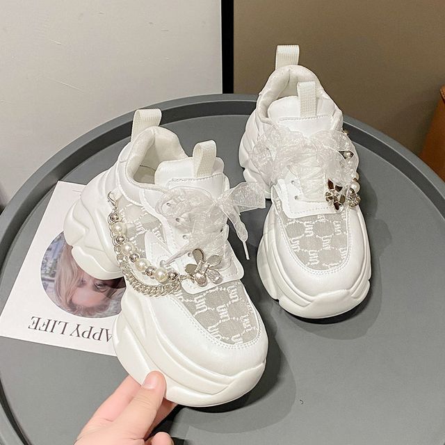 Faux Lace Sneakers Panel Lace-Up Pearl Pattered Platform