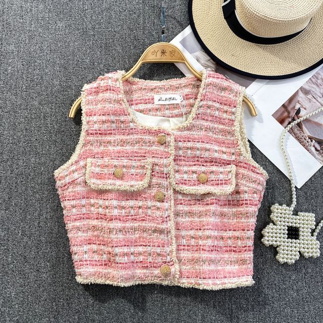 Square Neck Tassel Tweed Vest