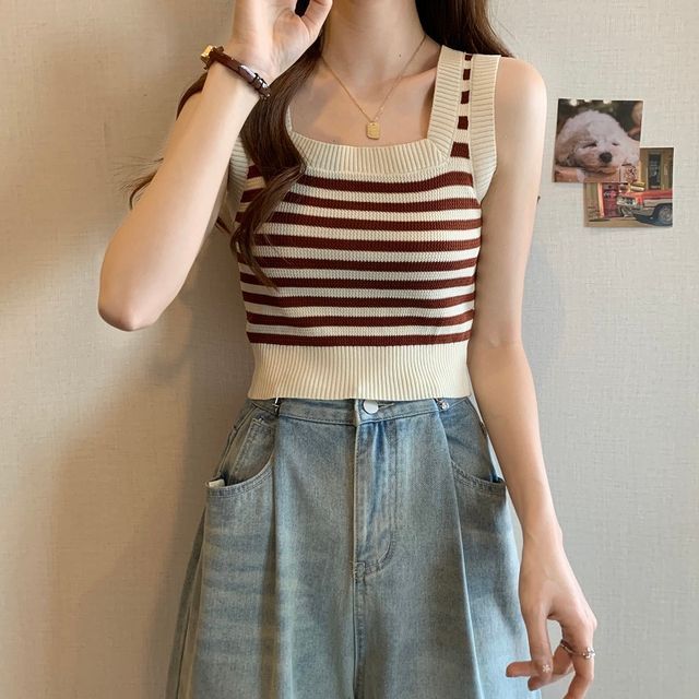 Striped Neck Top Square Crop Tank