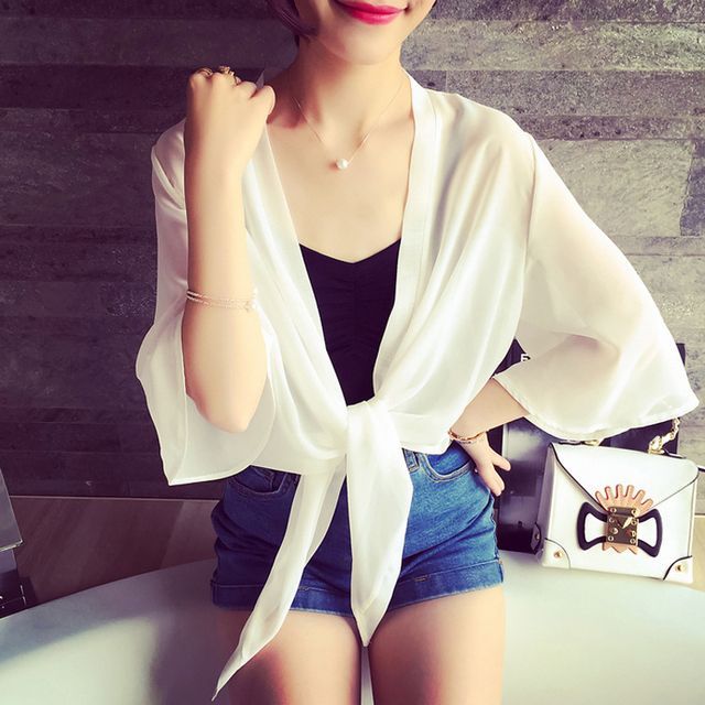 Jacket Front Crop Elbow-Sleeve Tie Chiffon Plain