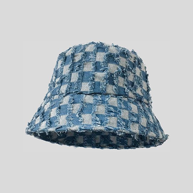Bucket Denim Checker Fringed Hat