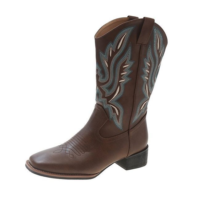 Heel Boots Chunky Cowboy Embroidered