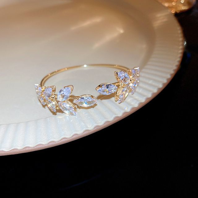 Bangle Open Leaf Rhinestone Alloy