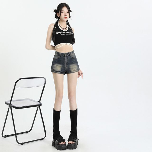 Mid Waist Washed Denim Shorts